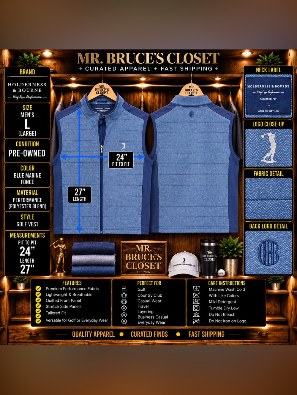 Holdeness & Bourne Men's Quilted Performance Vest — Blue Marine